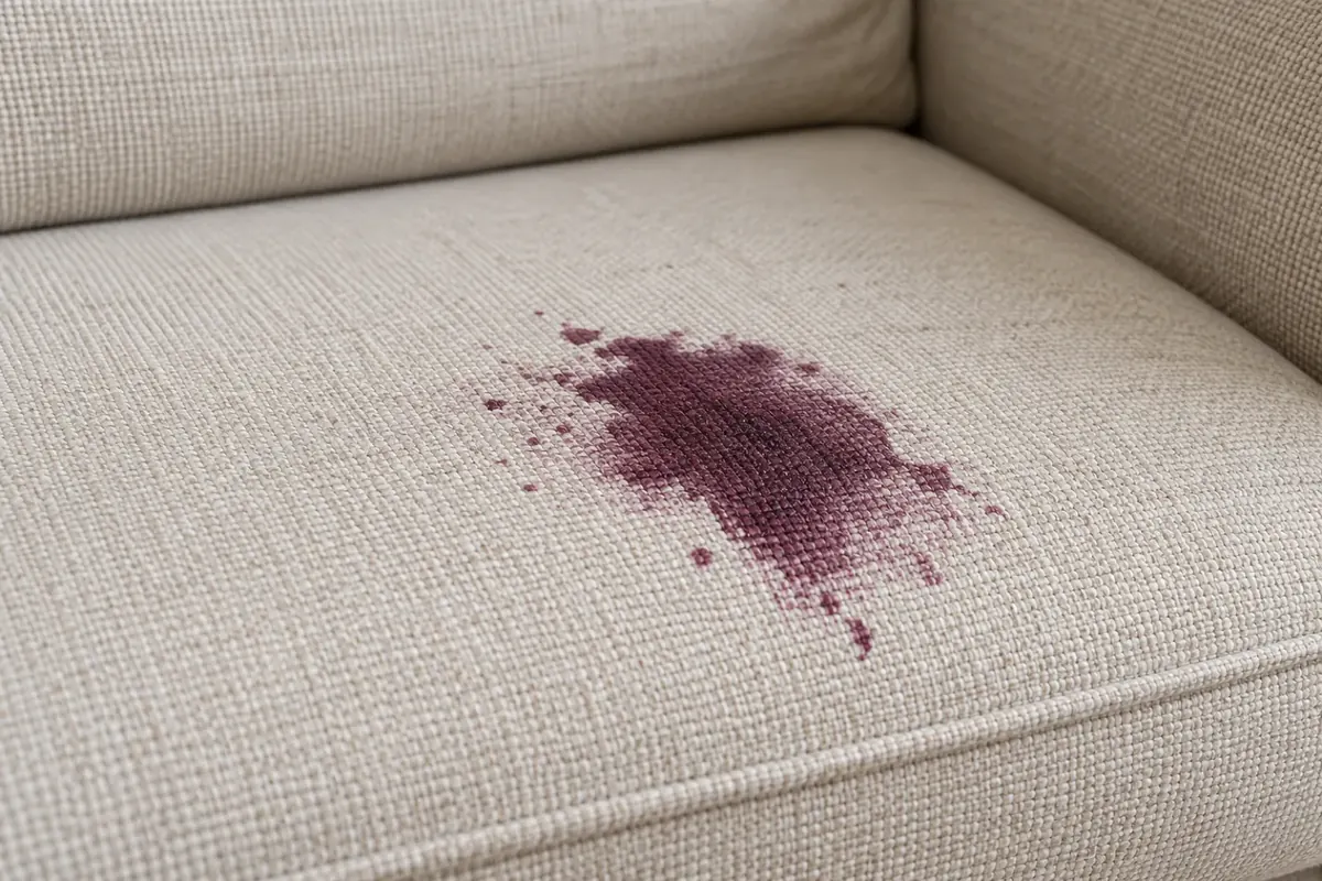 Suco de uva que entrou no tecido de um sofá off-white sem proteção e virou mancha