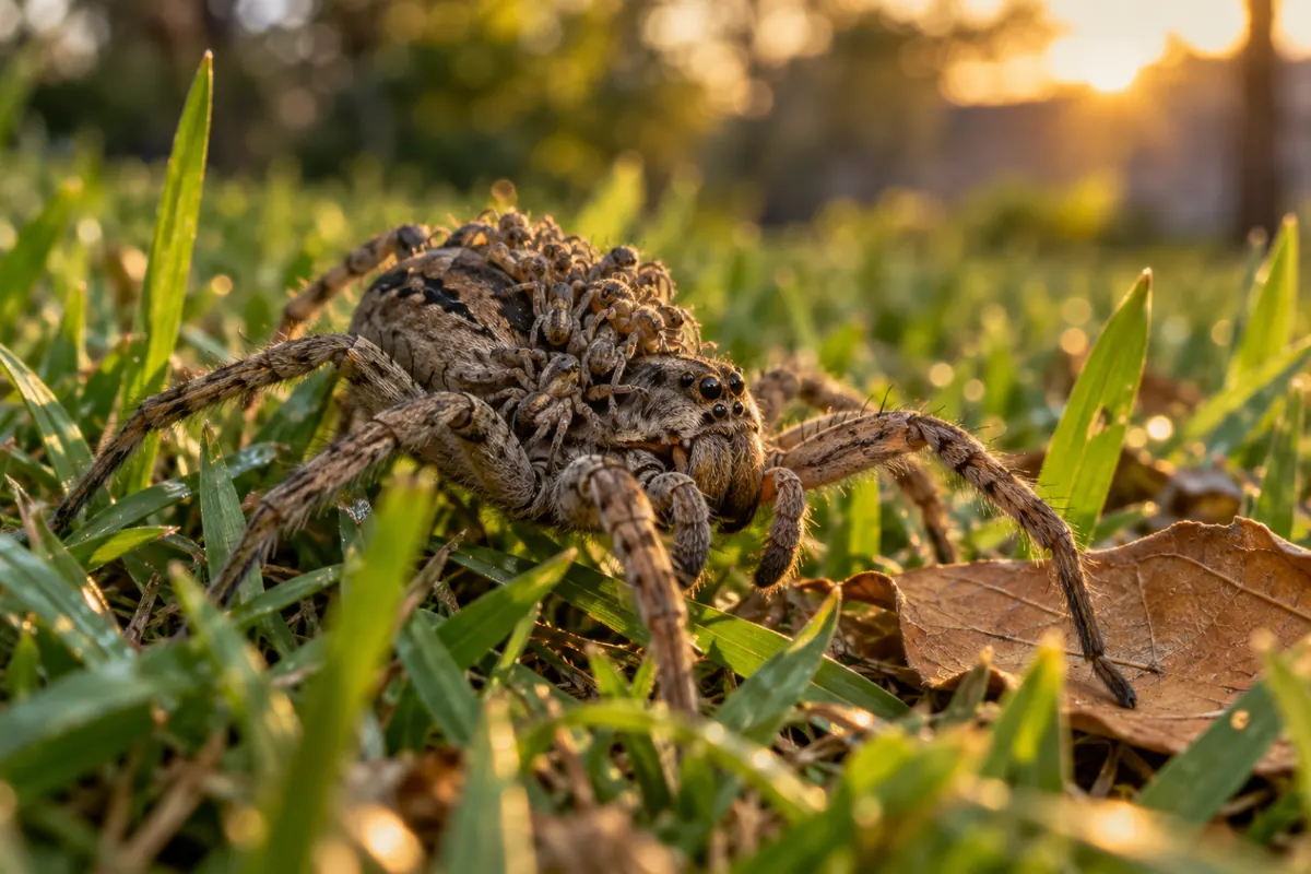 Aranha de jardim marrom-acinzentada com desenho de seta no abdome e filhotes nas costas, parada no gramado