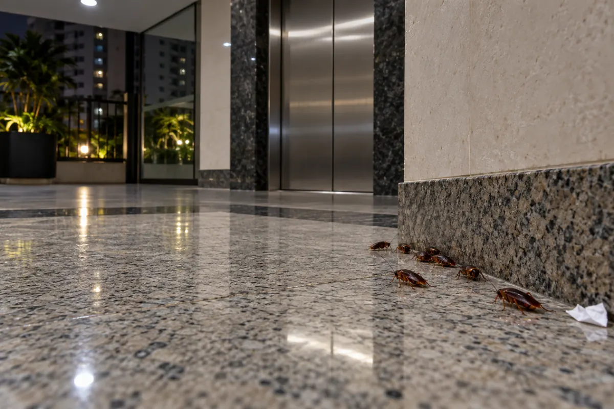 Baratas andando junto ao rodapé do hall de um prédio à noite, perto da porta do elevador