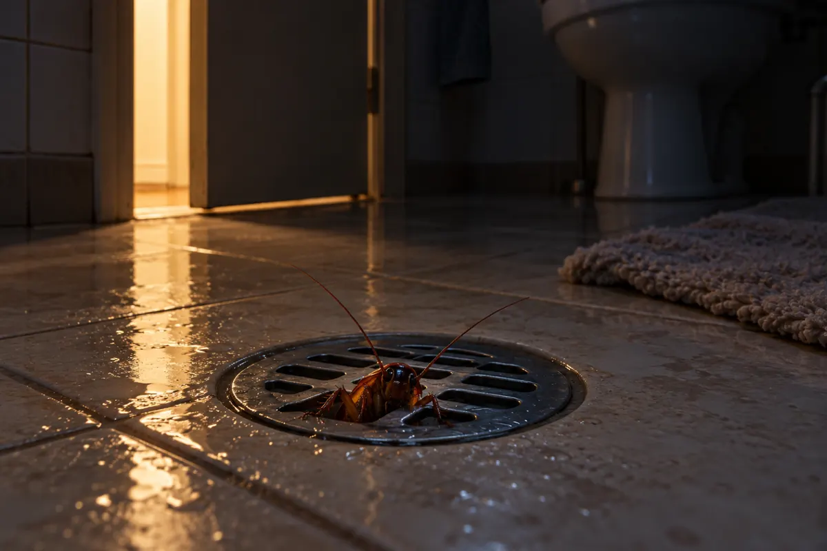 Barata de esgoto saindo pela grelha do ralo no piso do banheiro à noite