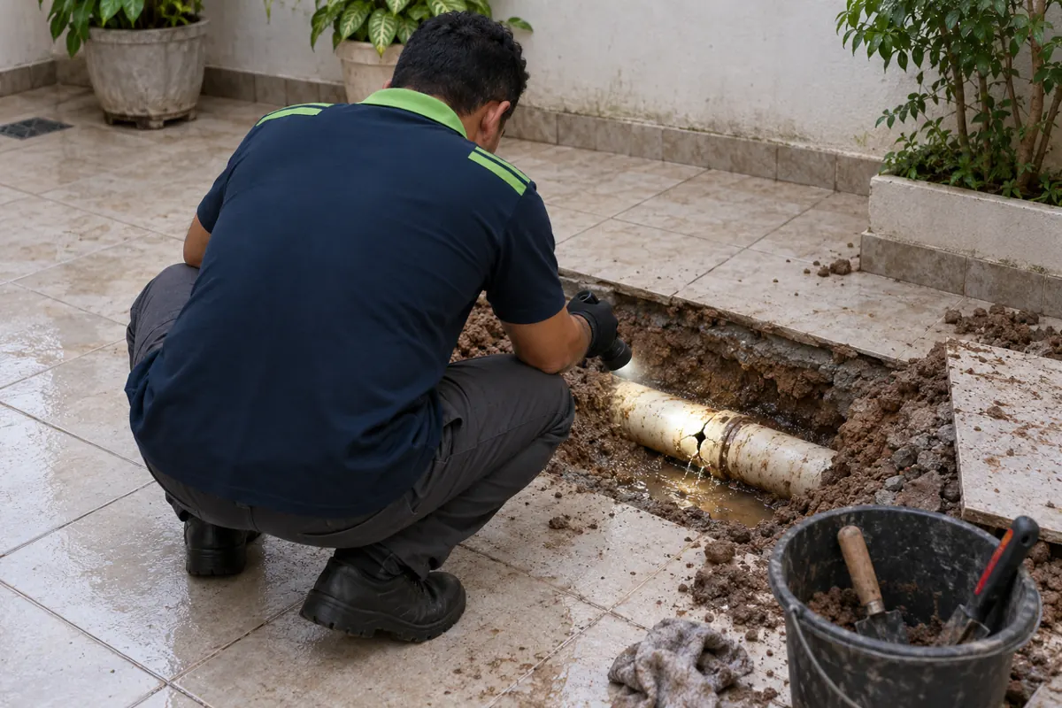 Técnico agachado iluminando com a lanterna a emenda rachada de um cano de esgoto exposto no piso do quintal