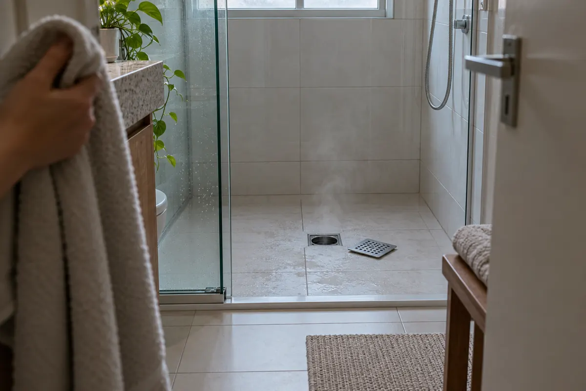 Ralo do box aberto com vapor leve subindo e uma mão segurando a toalha no nariz, num banheiro claro