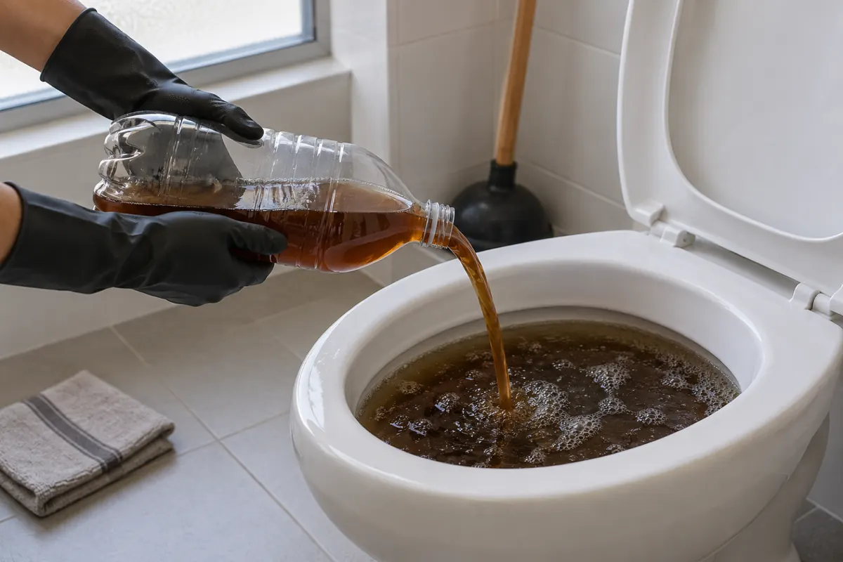 Mãos de luva despejando refrigerante de cola num vaso sanitário entupido, com o desentupidor ao lado