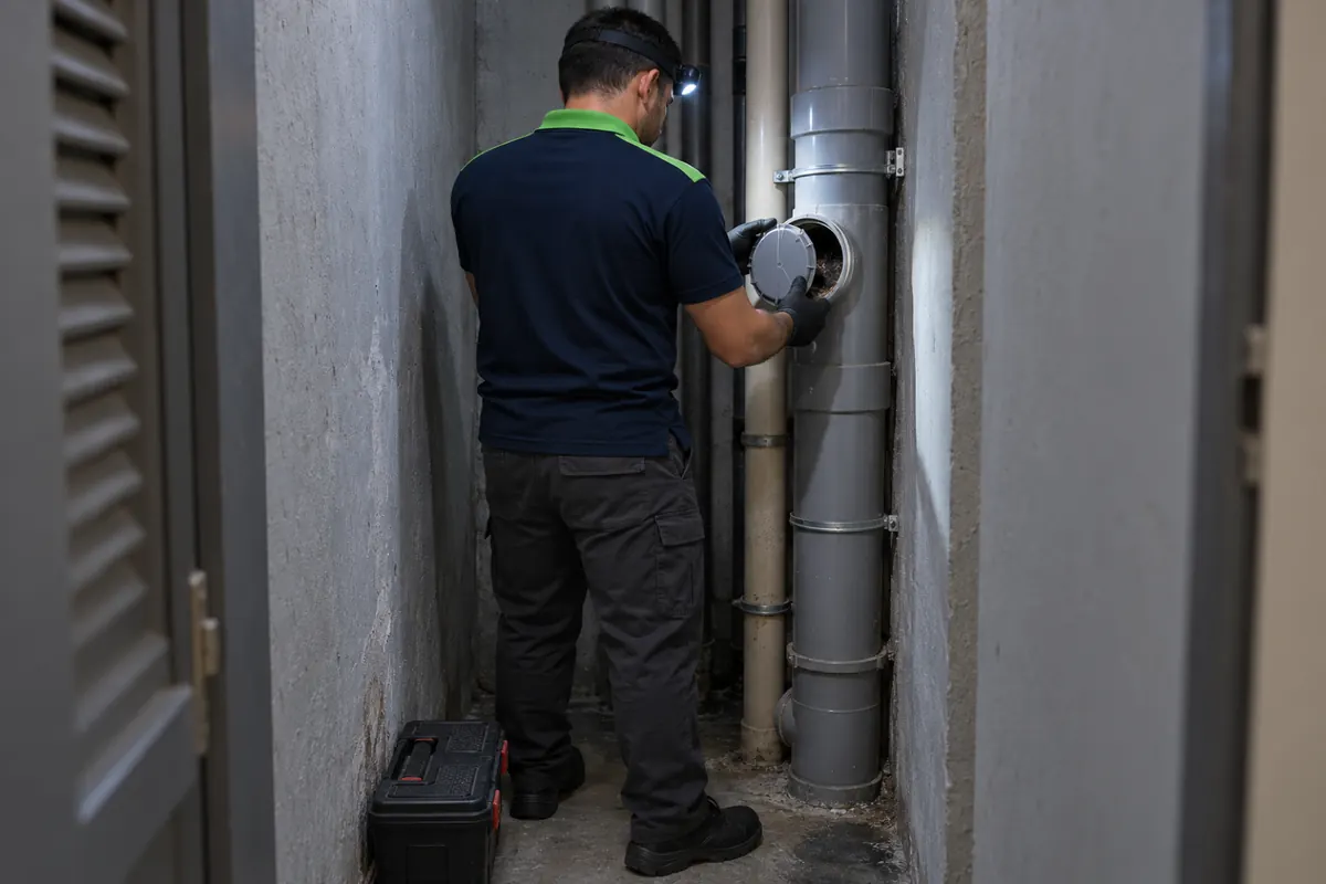 Técnico de costas abrindo a inspeção do tubo de queda de esgoto no shaft estreito de um prédio
