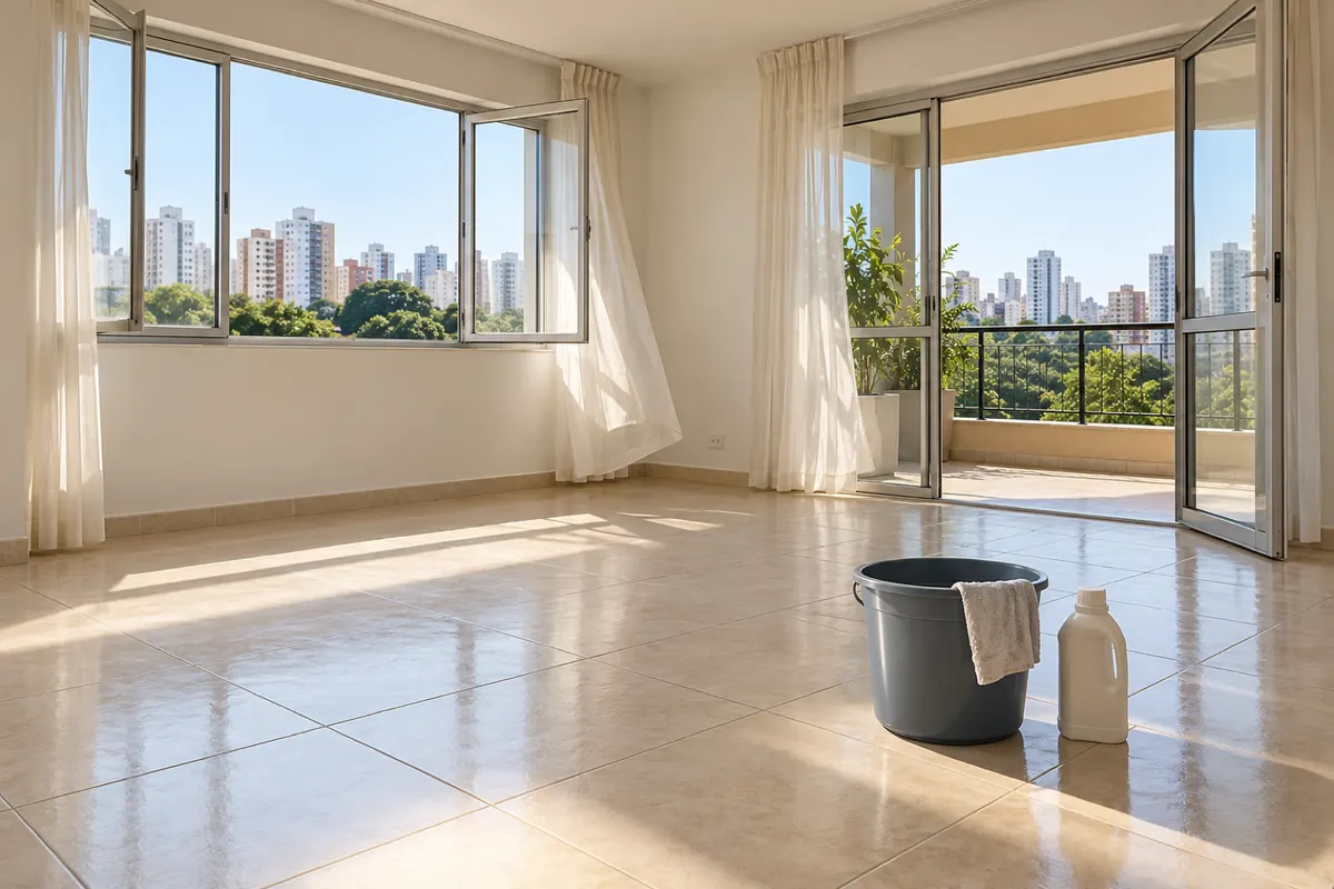 Sala com janelas abertas para ventilar, rodapé livre e balde com pano e detergente neutro no chão