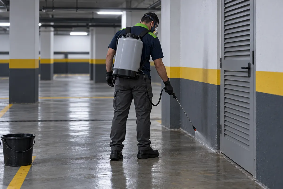 Dedetizador de costas pulverizando o rodapé da garagem de um prédio, ao lado da porta da lixeira