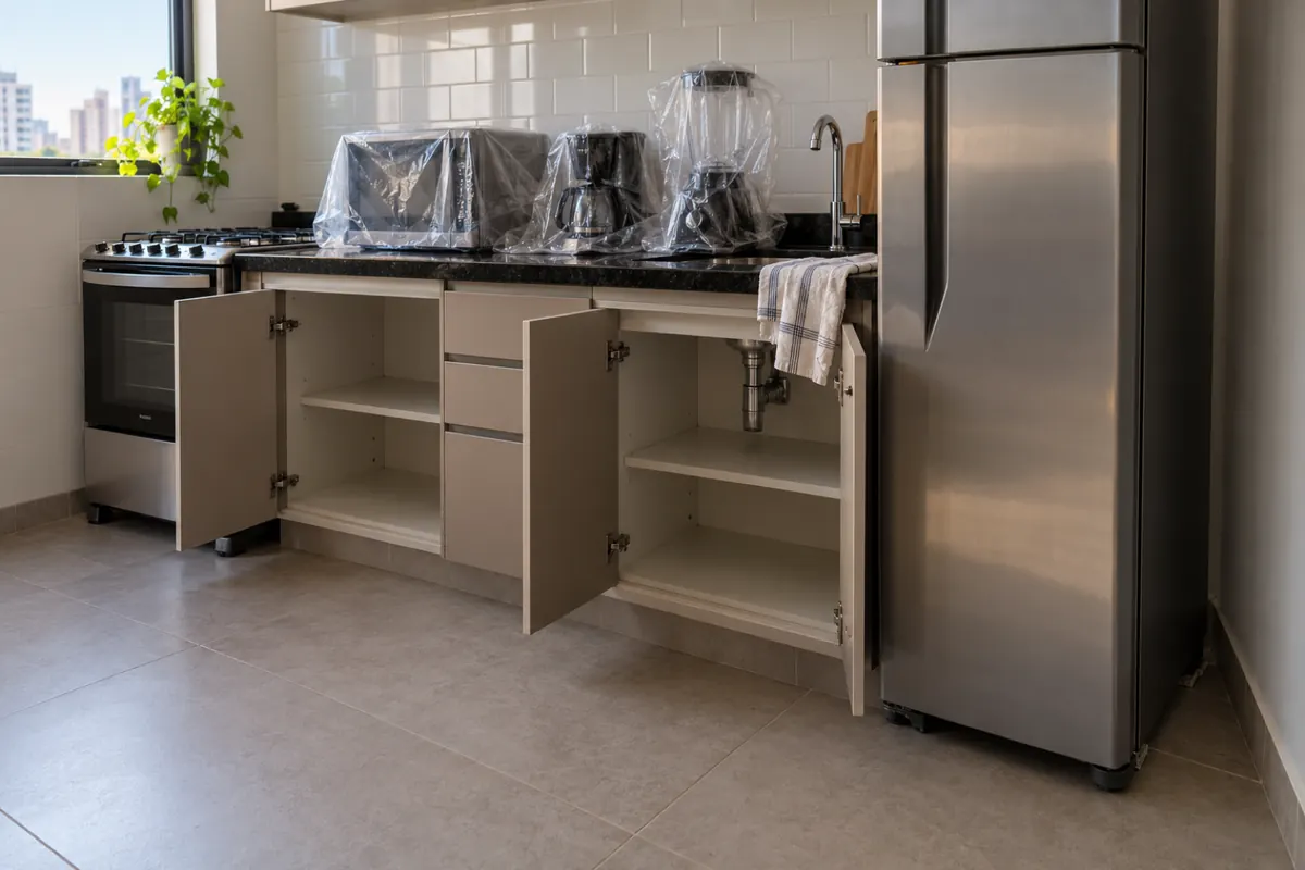 Cozinha com micro-ondas e cafeteira cobertos de plástico, geladeira afastada da parede e armários abertos