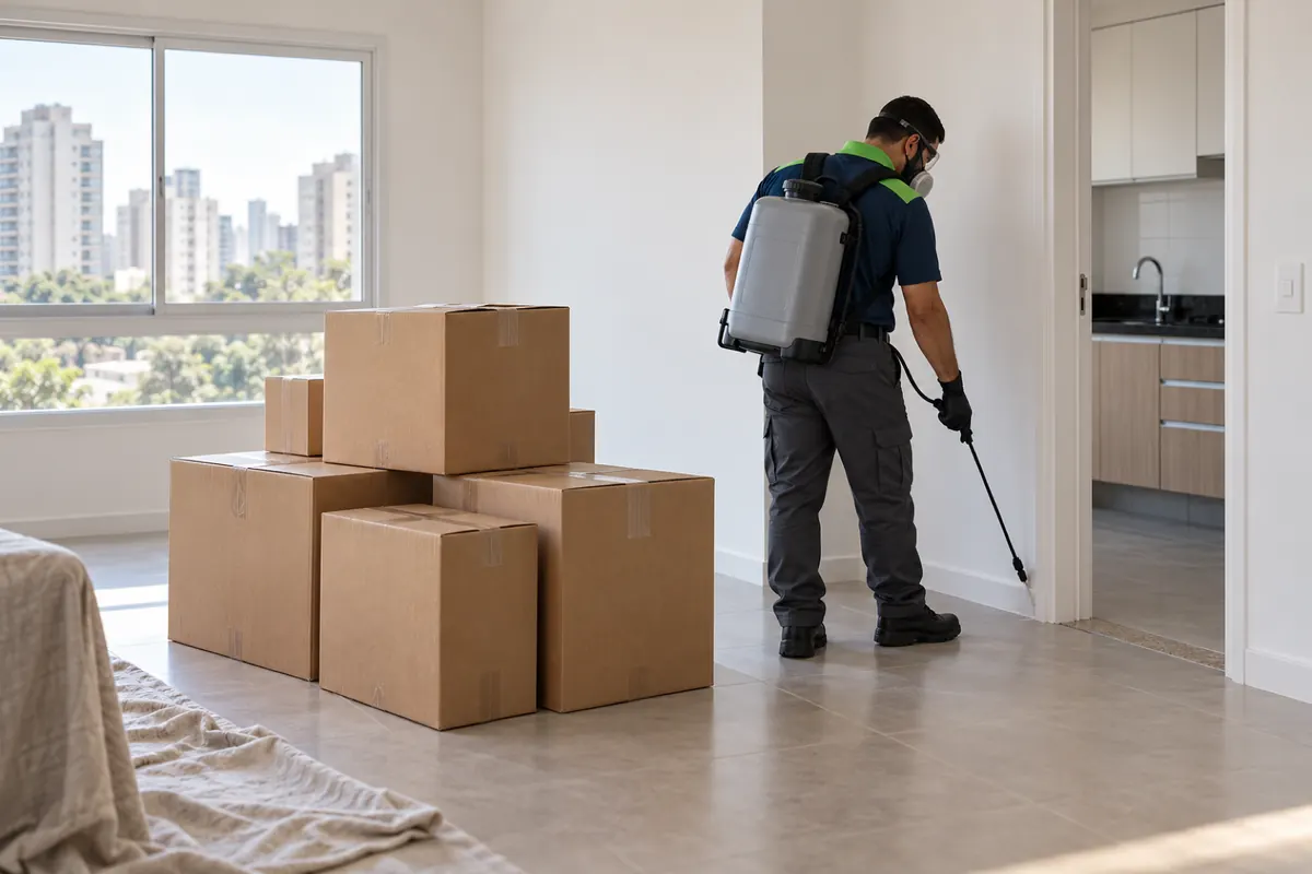 Técnico de costas aplicando produto no rodapé de um apartamento vazio, com caixas de mudança empilhadas na sala