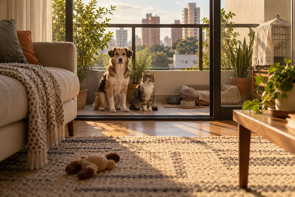 Cachorro e gato na varanda com a caminha, os potes e a gaiola do passarinho, fora da sala que vai ser tratada