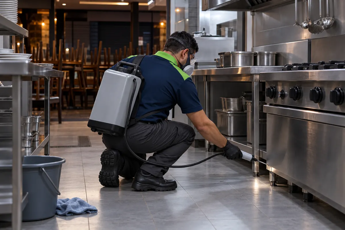 Dedetizador de costas aplicando gel embaixo da bancada de inox de uma cozinha de restaurante fechada à noite