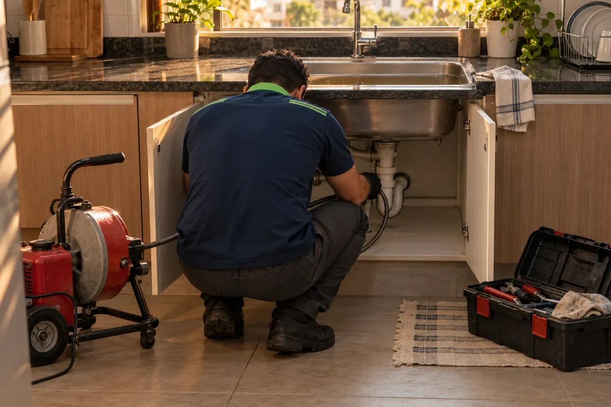 Técnico diante da pia de cozinha entupida, com a máquina de mola de um lado e a caixa de ferramentas do outro
