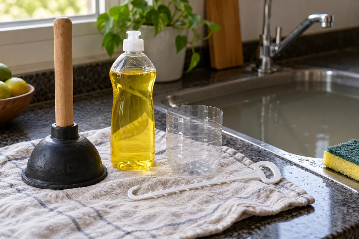 Desentupidor de borracha, detergente, garrafa pet cortada e gancho de ralo ao lado de uma pia com água parada