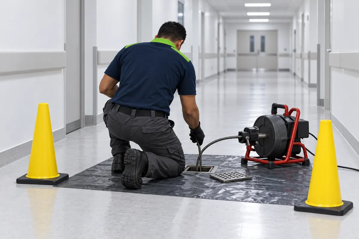 Técnico de costas passando a máquina de mola num ralo de piso isolado com cones no corredor de serviço de um hospital