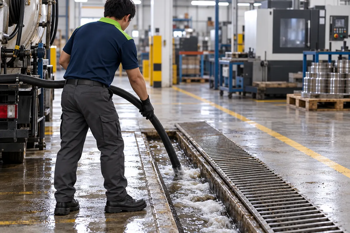 Técnico conduzindo a mangueira do hidrojato dentro da canaleta de piso de um galpão industrial
