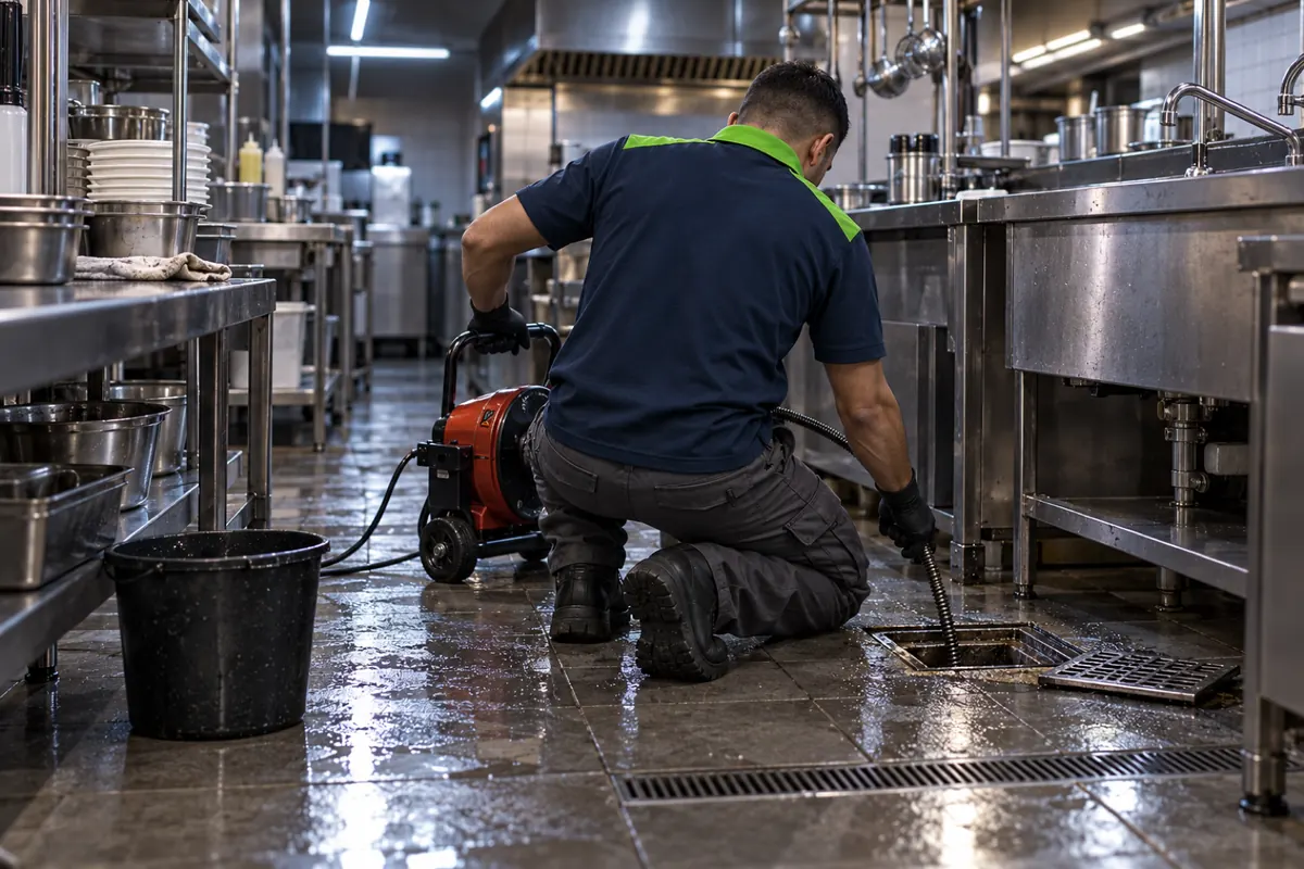 Técnico desentupindo com máquina de mola o ralo do piso de uma cozinha comercial de inox