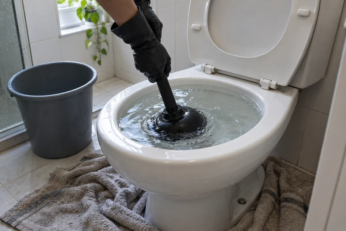 Mãos de luva usando um desentupidor de borracha no vaso sanitário, com uma toalha no piso