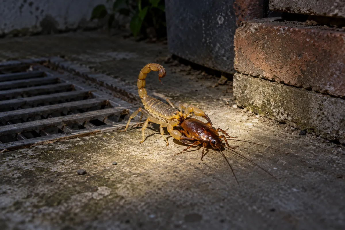 Escorpião-amarelo segurando uma barata com as pinças no piso do quintal, perto de um ralo