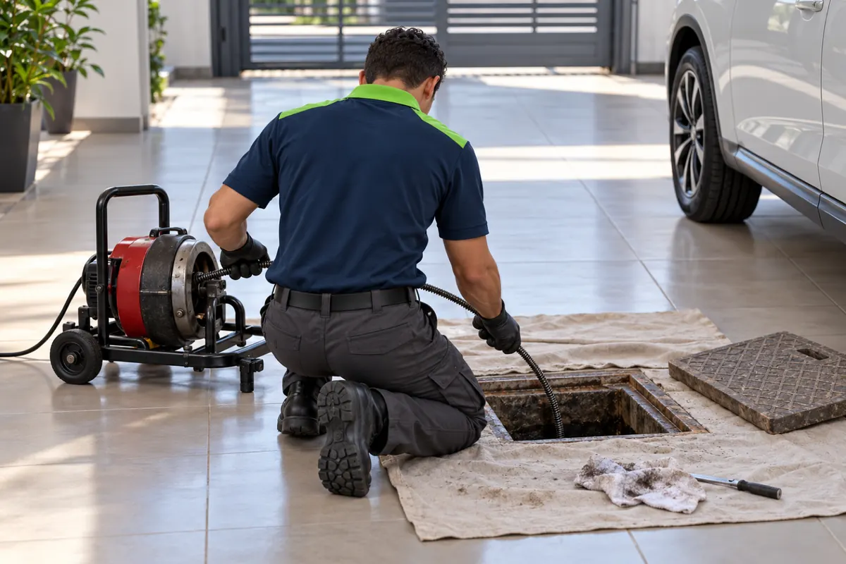 Técnico de costas conduzindo o cabo da máquina de mola numa caixa de inspeção, com o piso da garagem intacto