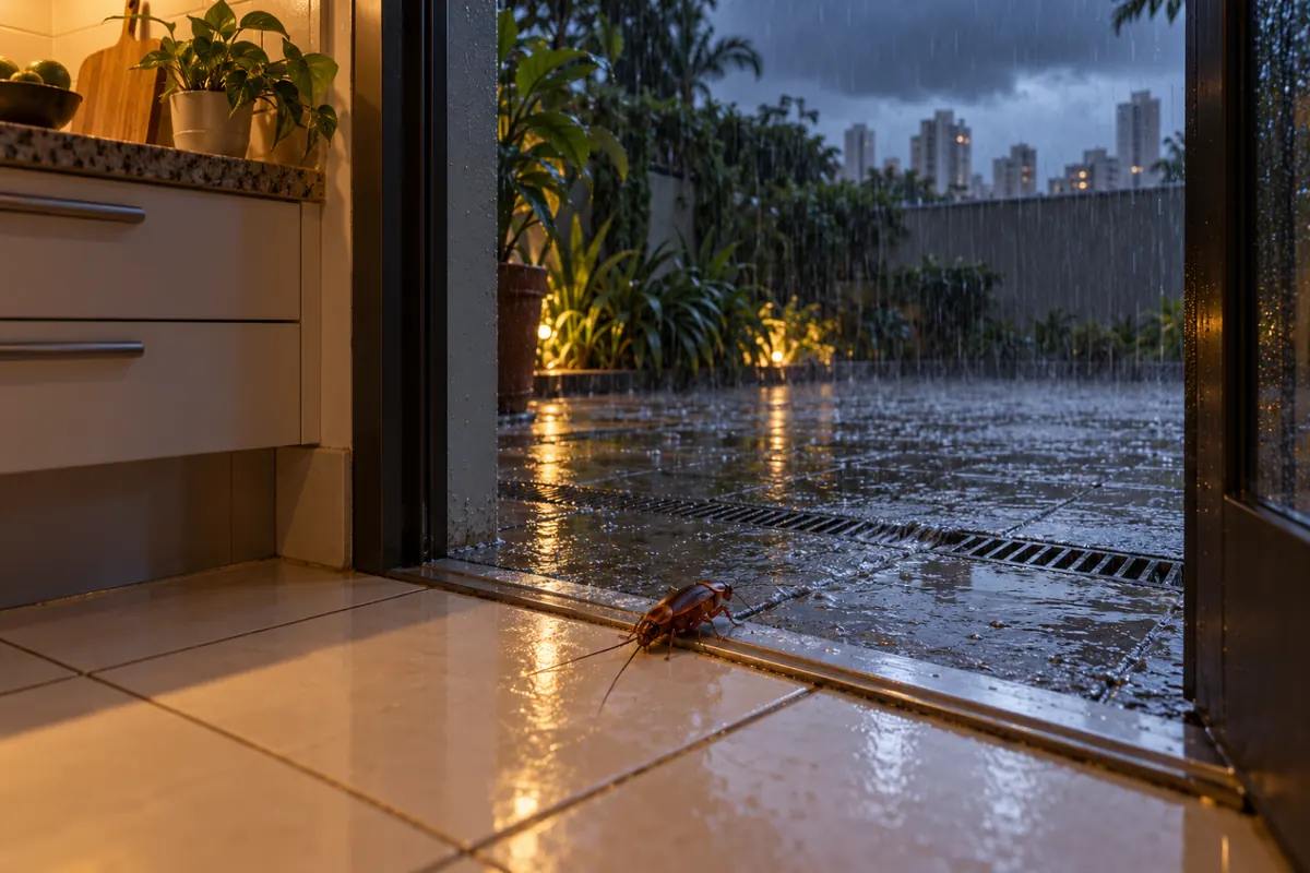 Chuva forte de verão no quintal e uma barata grande entrando pela soleira molhada da cozinha