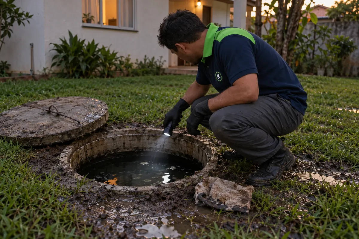 Técnico agachado ao lado da tampa aberta de uma fossa cheia no quintal, iluminando a água com a lanterna