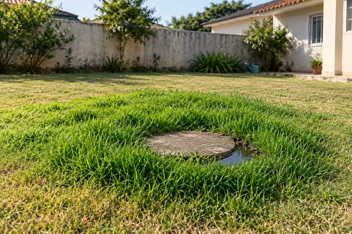 Quintal com grama mais verde e uma poça escura junto à tampa de concreto da fossa em dia seco
