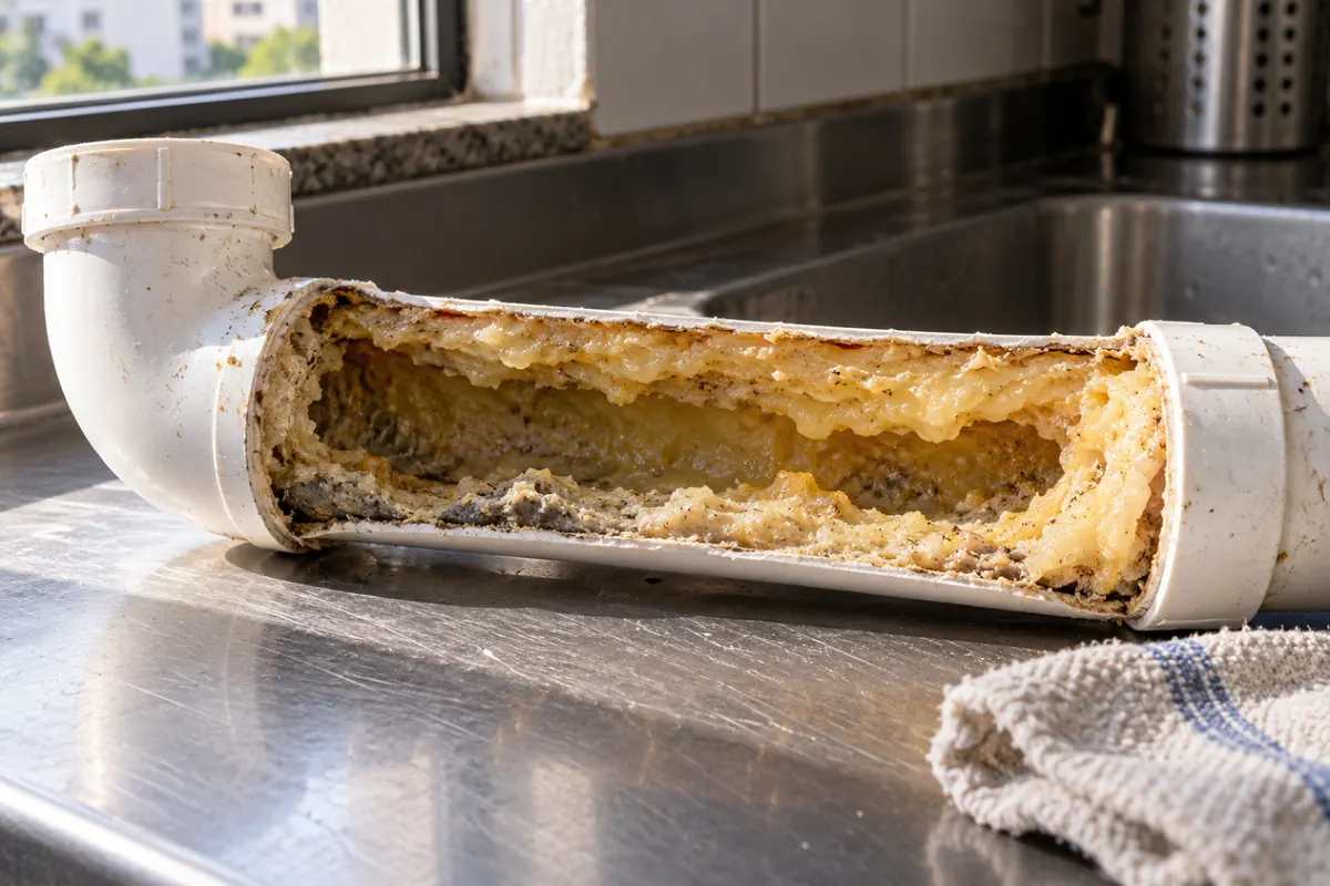 Cano de PVC cortado ao meio com uma crosta grossa de gordura endurecida por dentro, sobre a bancada da cozinha