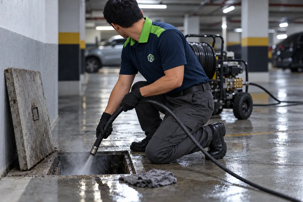 Técnico ajoelhado conduzindo a mangueira do hidrojato para dentro de uma caixa de inspeção na garagem
