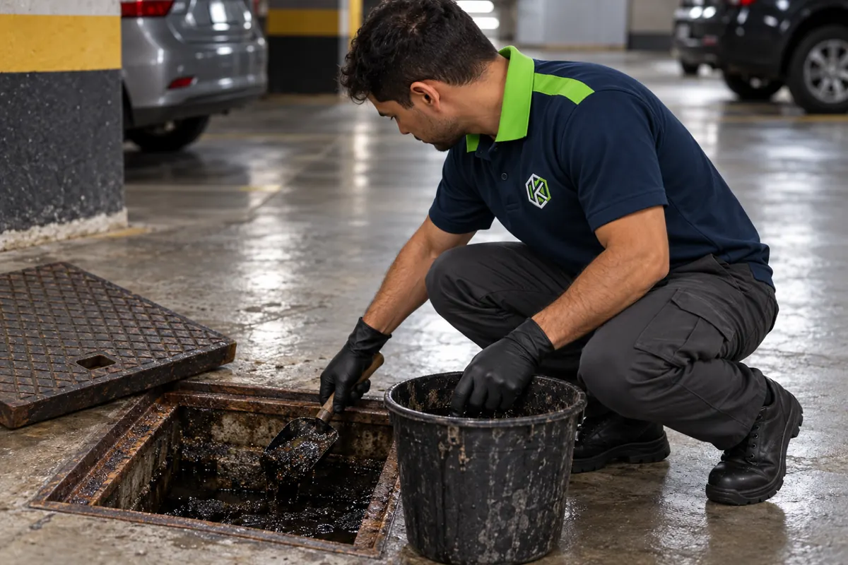 Técnico agachado retirando a crosta do fundo de uma caixa de esgoto aberta na garagem de um prédio