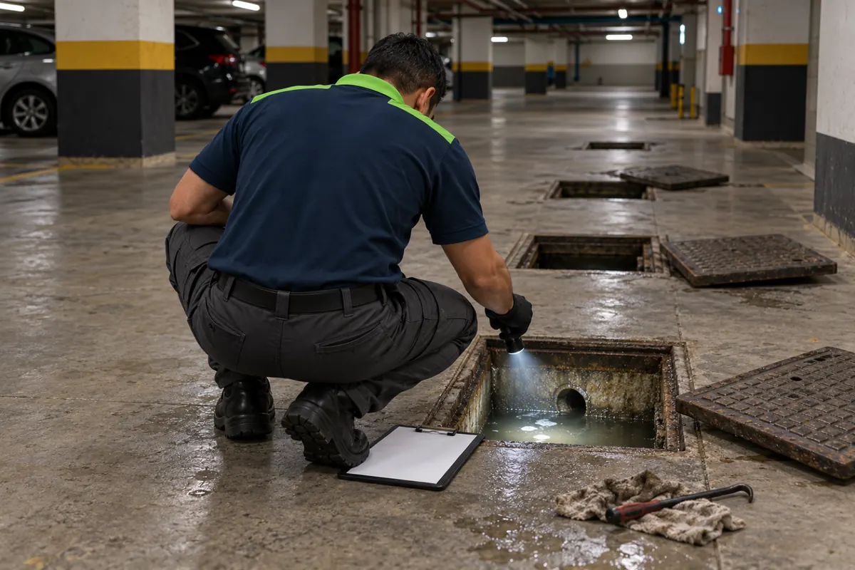 Técnico conferindo com lanterna uma das caixas de inspeção abertas em fila na garagem de um prédio