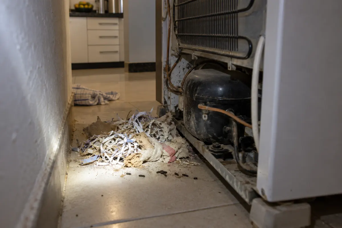 Ninho de rato feito de papel e pano picados atrás da geladeira, com fezes em volta