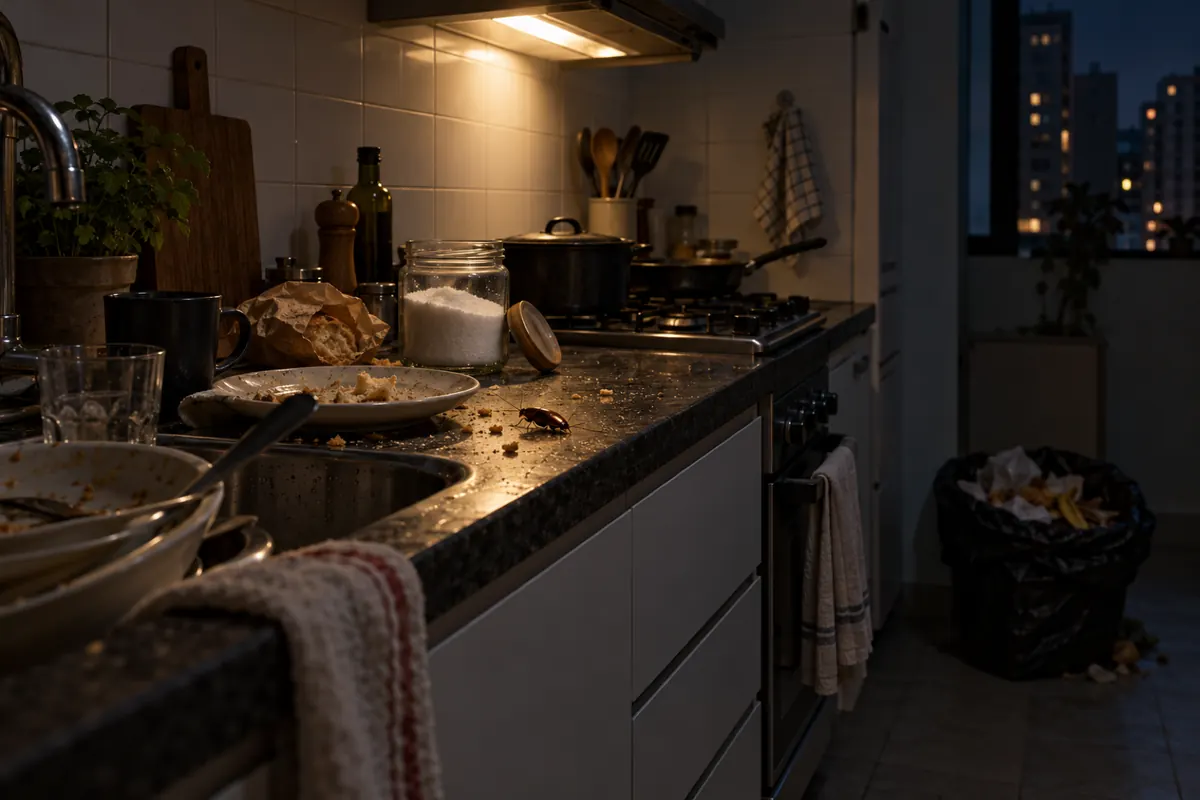 Barata andando na bancada da cozinha à noite, entre louça suja, migalhas e um pote de açúcar aberto
