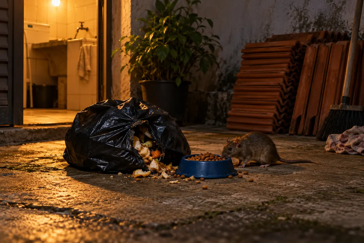 Rato cinza farejando saco de lixo rasgado e pote de ração no chão do quintal, à noite
