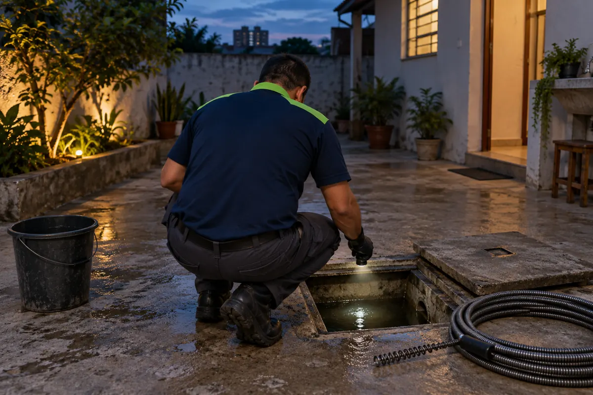 Técnico agachado iluminando com lanterna uma caixa de inspeção cheia de água parada no quintal