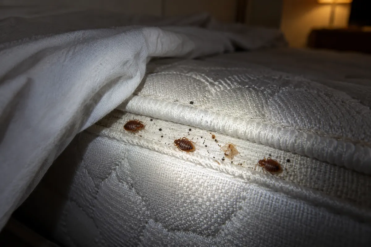 Percevejos de cama marrom-avermelhados na costura do colchão, com pontinhos pretos e uma casca de muda