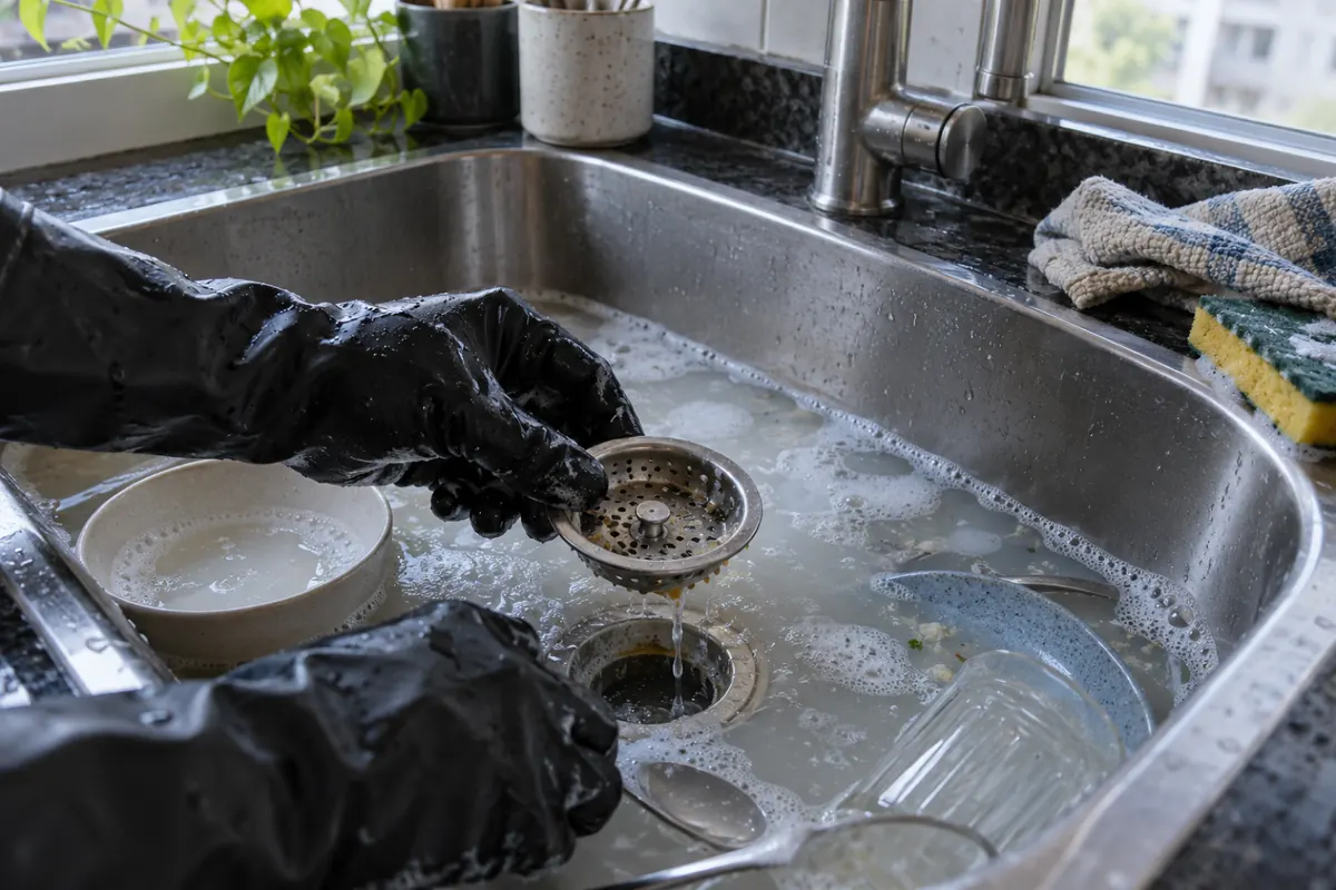 Mãos de luva levantando o ralinho de uma pia de cozinha com a cuba cheia de água turva