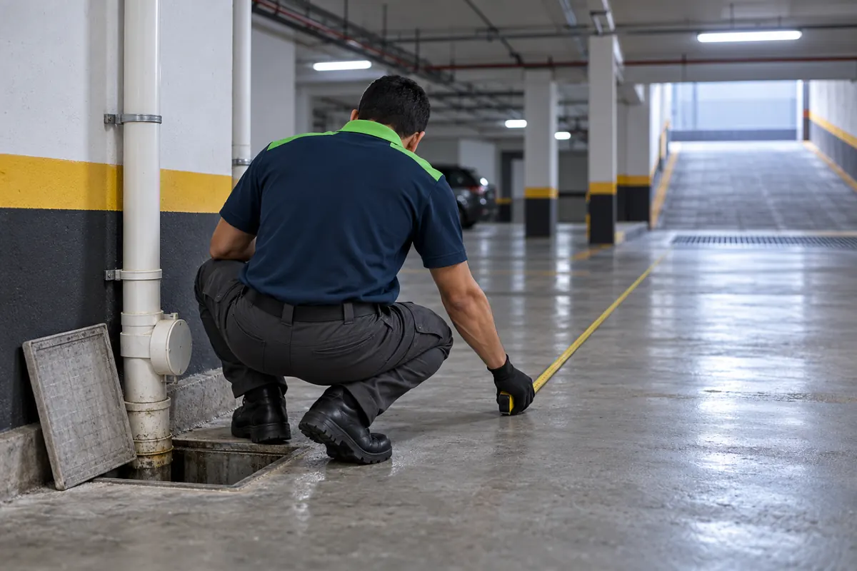 Técnico medindo com trena a partir da caixa da base da coluna, na garagem do prédio, com o tubo de queda ao fundo