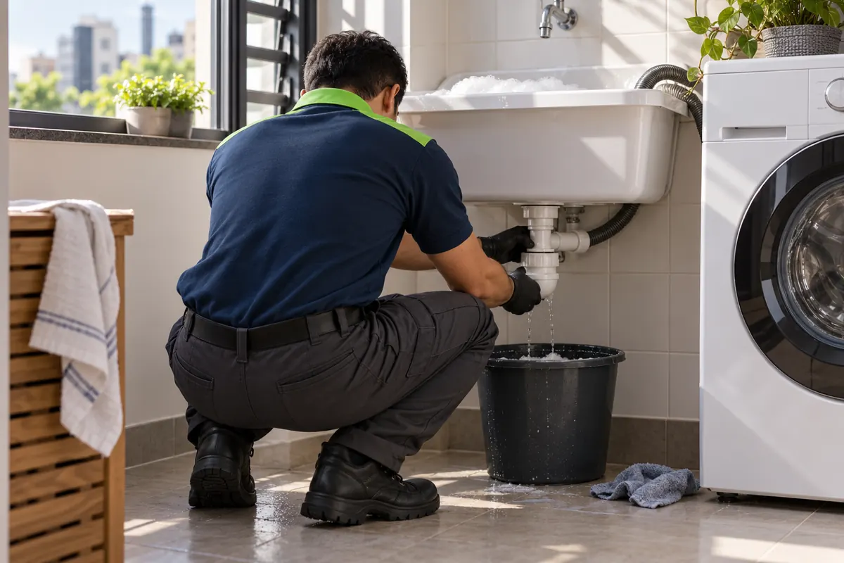 Técnico desmontando o sifão embaixo do tanque cheio de água com espuma, com um balde no chão