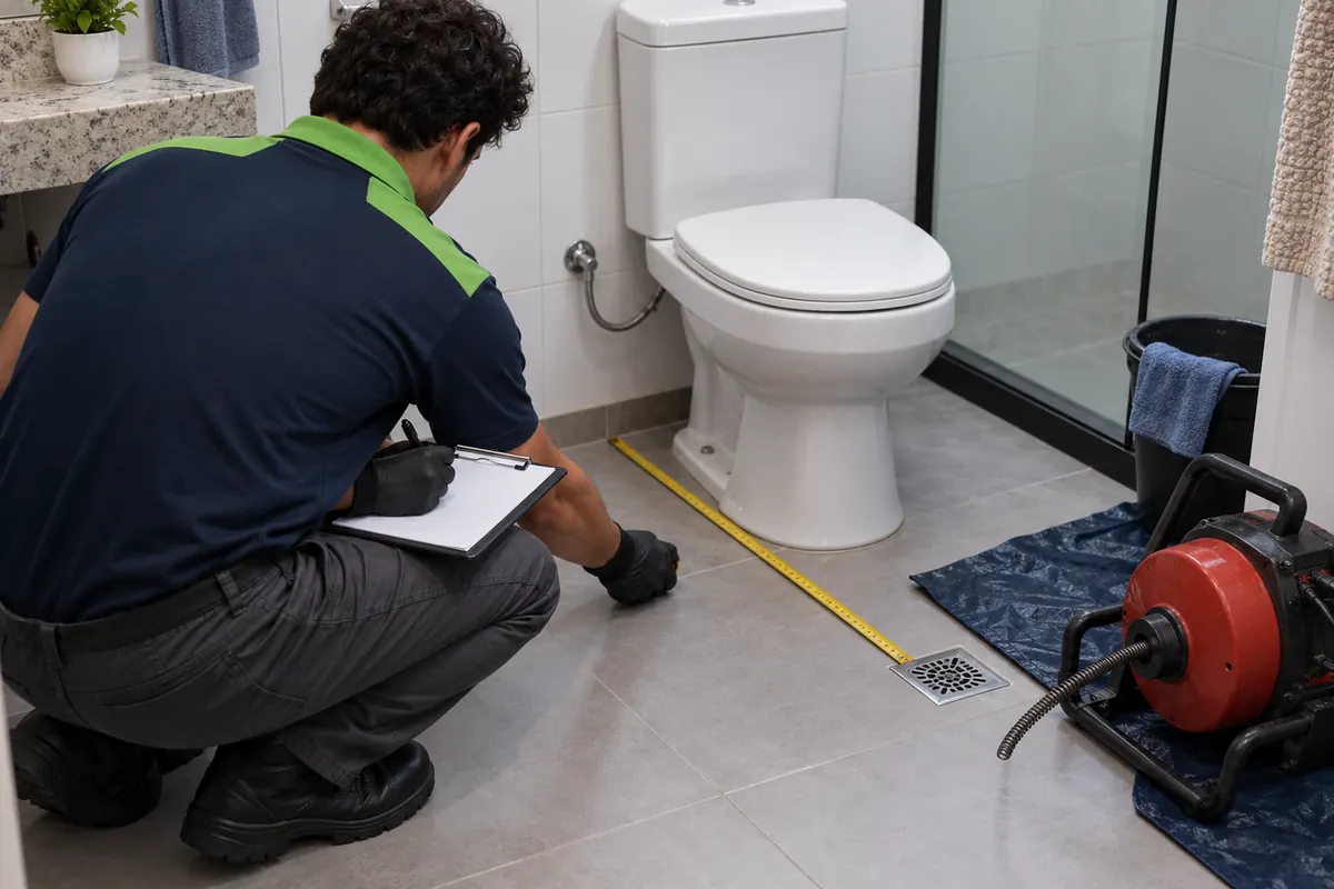 Técnico medindo com trena do vaso até o ralo e anotando numa prancheta, com a máquina de mola ao lado