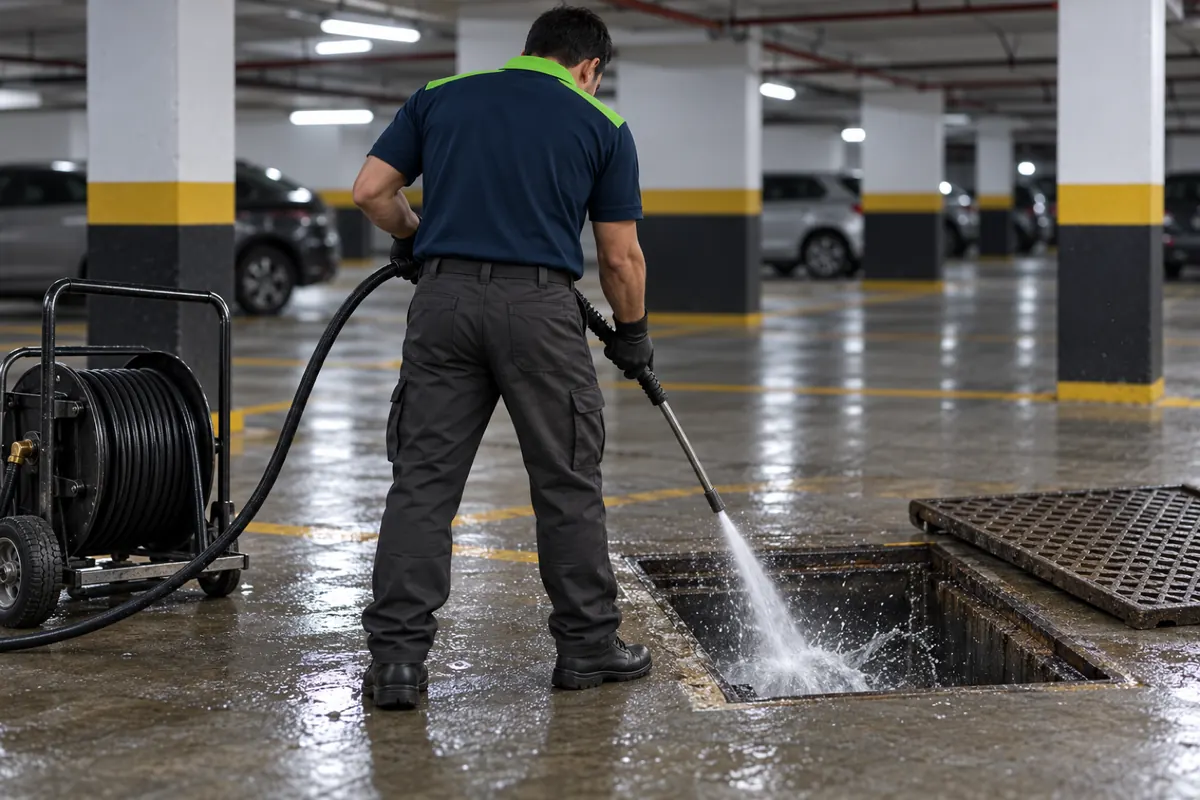 Técnico de costas conduzindo a mangueira do hidrojato para dentro da caixa de inspeção na garagem