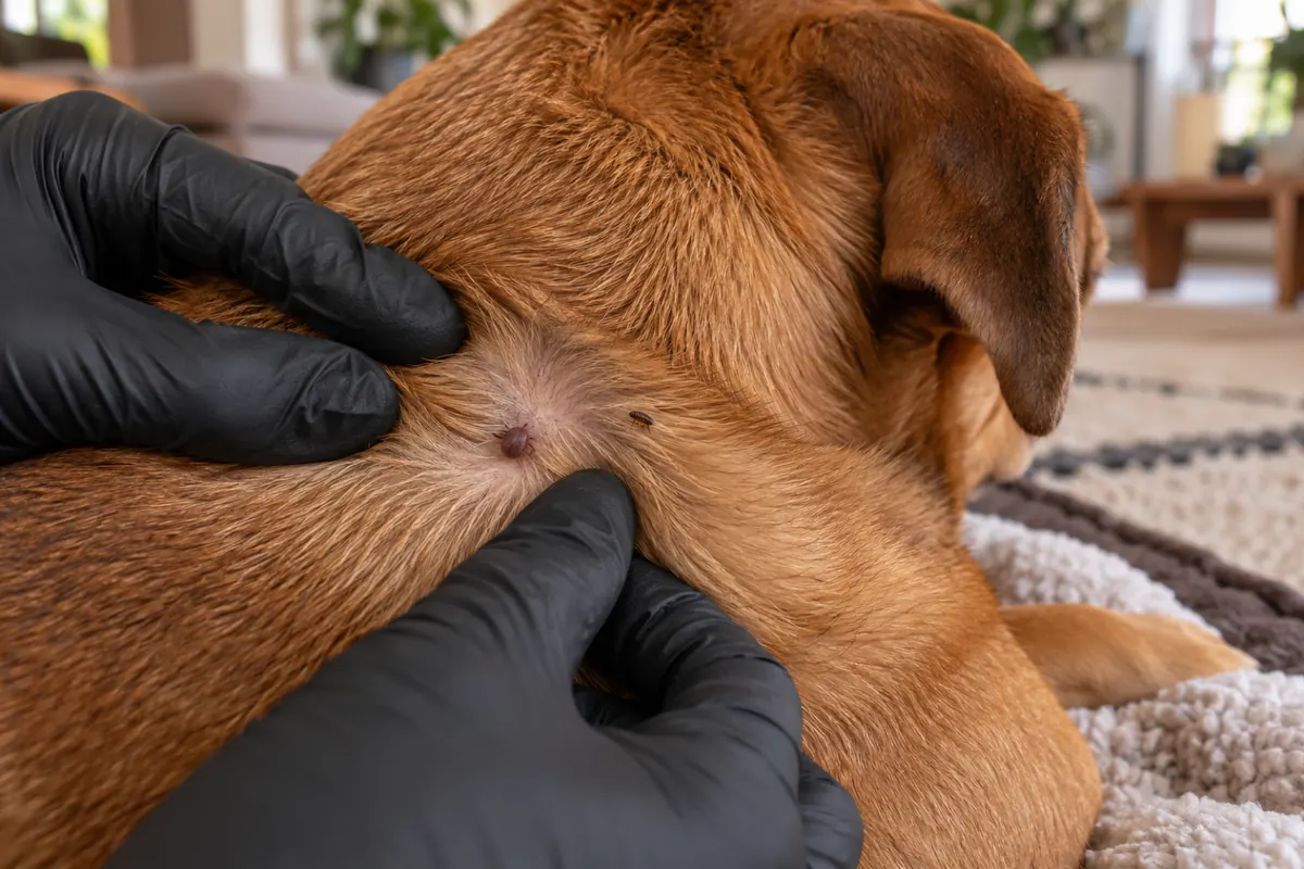 Mãos de luva afastando o pelo do pescoço de um cachorro e mostrando uma pulga e um carrapato