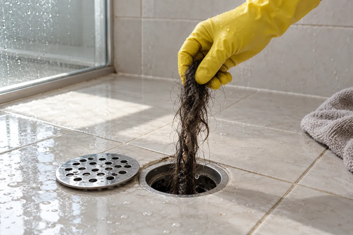 Mão de luva puxando um chumaço de cabelo de dentro do ralo do box, com a grelha ao lado