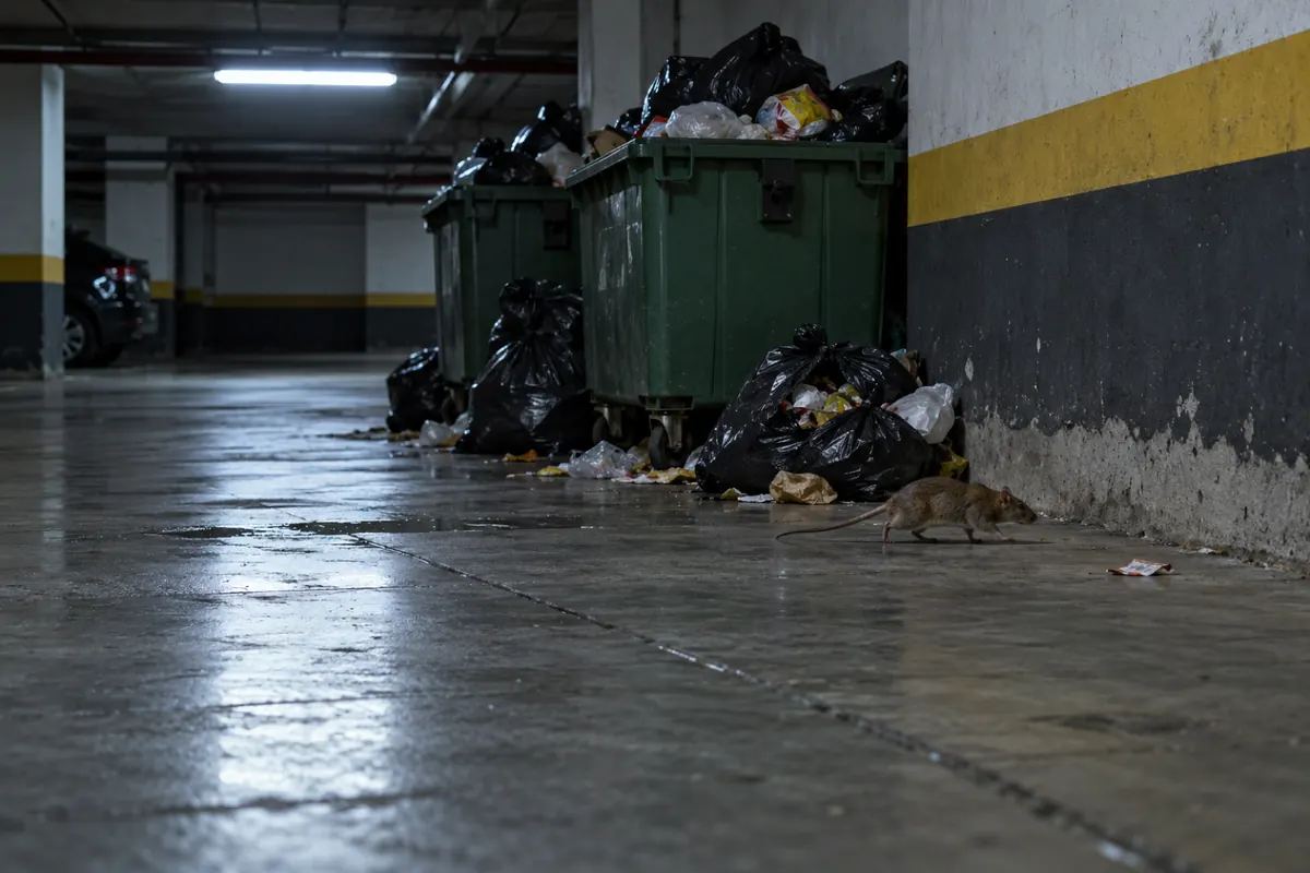 Ratazana atravessando a garagem do subsolo de um prédio à noite, perto dos contêineres de lixo