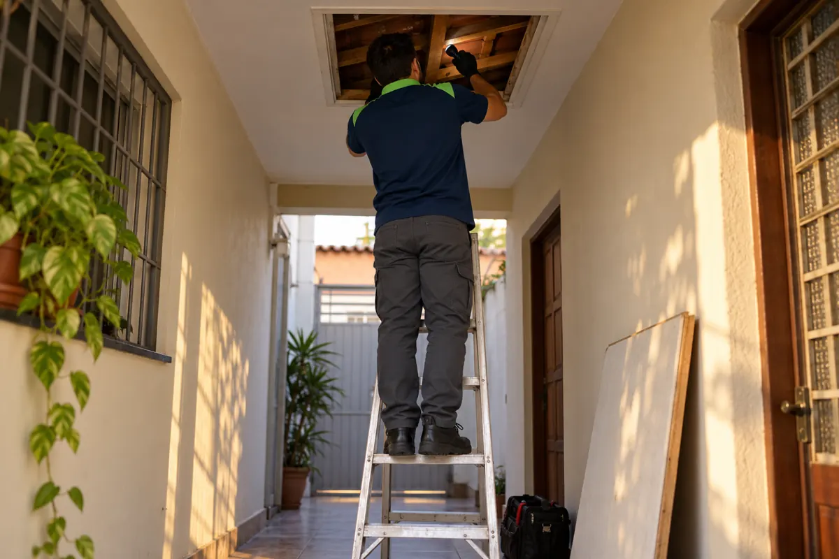 Técnico numa escada com a cabeça dentro do alçapão do forro, iluminando o madeiramento com a lanterna