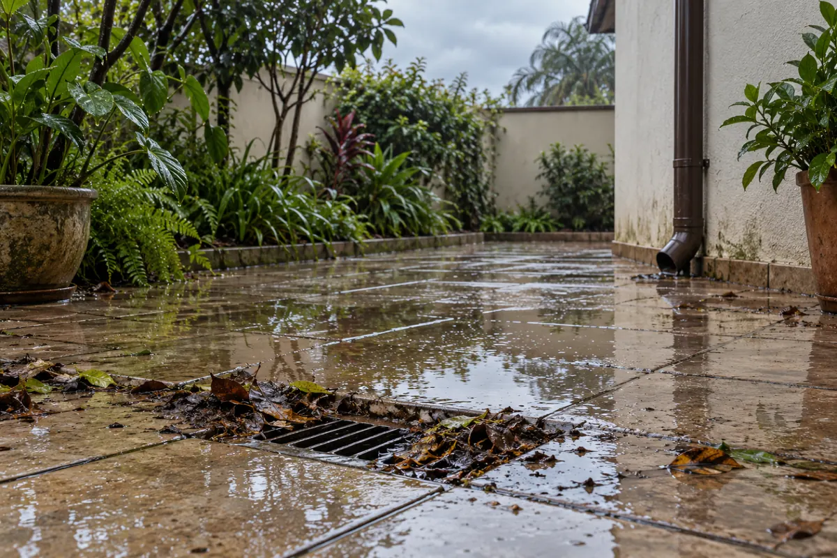 Água da chuva empoçada no quintal em volta de uma grelha de ralo coberta de folhas e terra