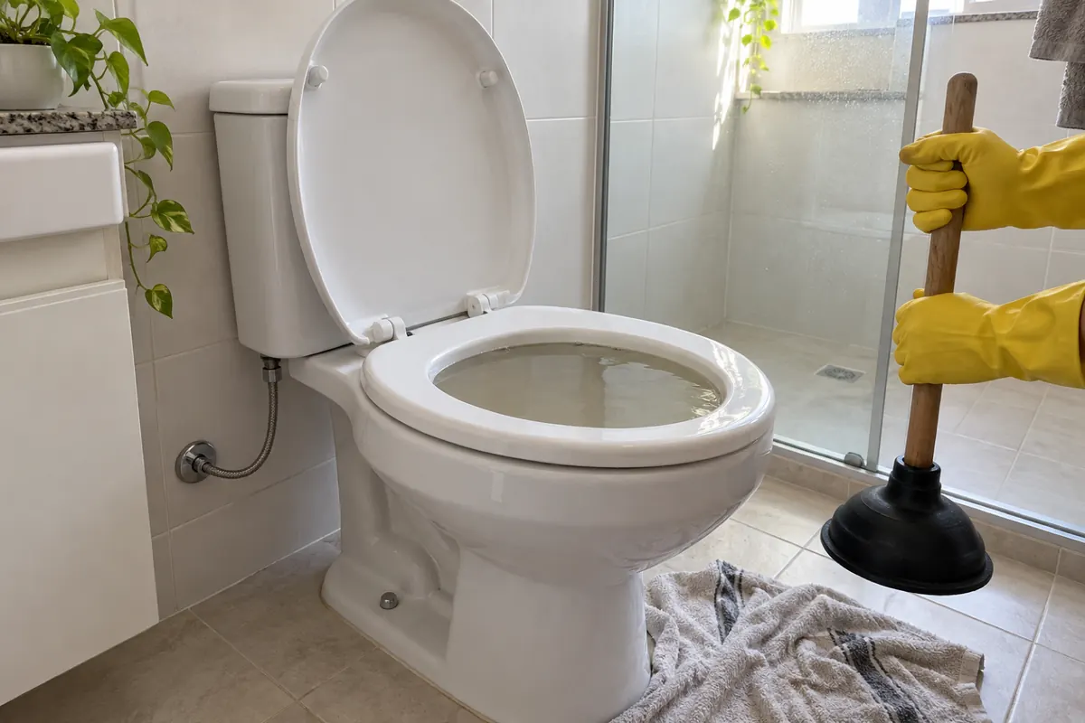 Mãos de luva com desentupidor de aba ao lado do vaso com a água alta e o piso forrado com pano