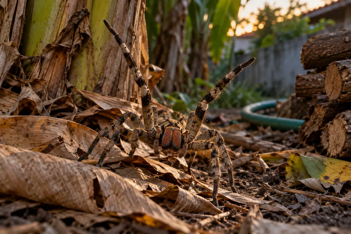 Aranha armadeira com as patas da frente erguidas entre folhas secas na base de uma bananeira, ao lado de lenha