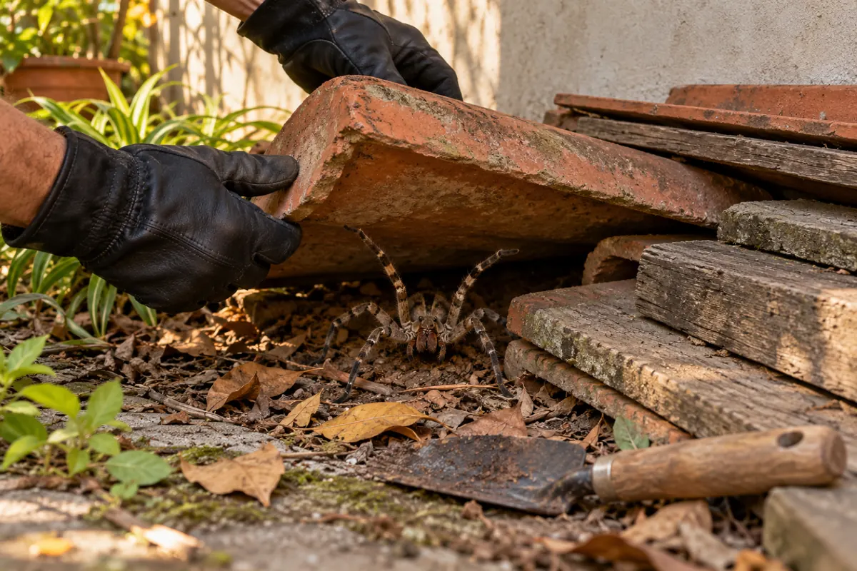 Mãos de luva levantando uma telha do quintal e revelando uma aranha armadeira com as patas erguidas