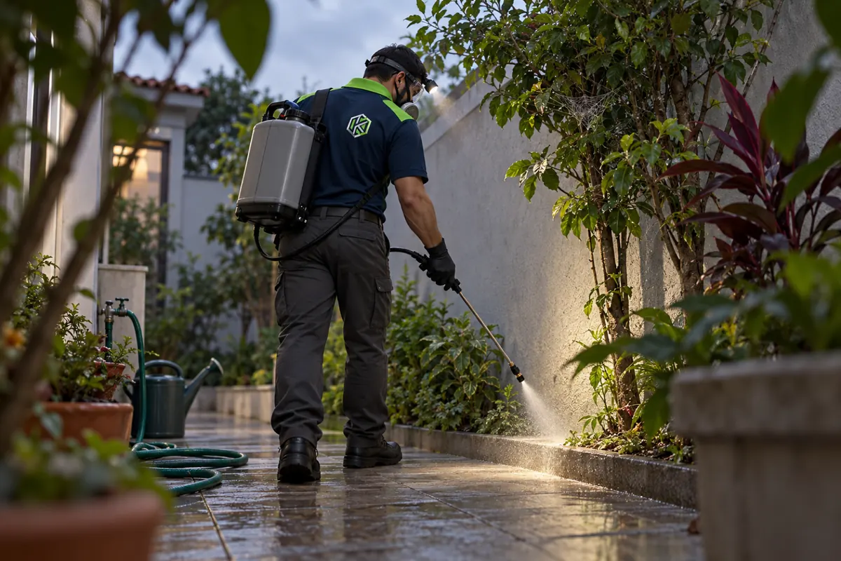 Técnico de costas pulverizando a junção do muro com o piso na borda de um canteiro do quintal