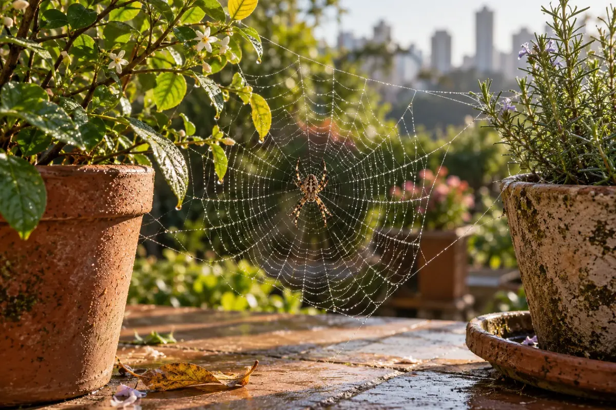 Aranha numa teia entre vasos de planta no quintal, na luz da manhã