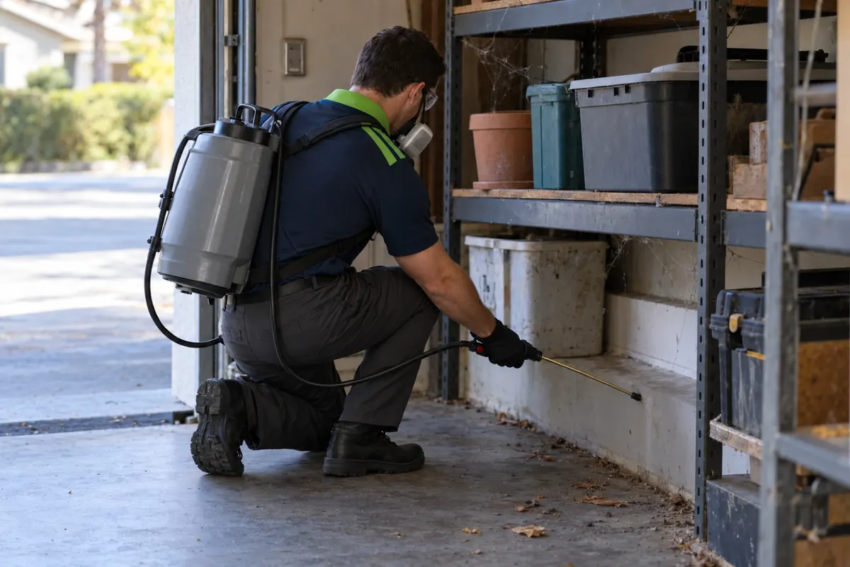 Técnico agachado pulverizando o rodapé da garagem atrás das prateleiras, onde há teias de aranha